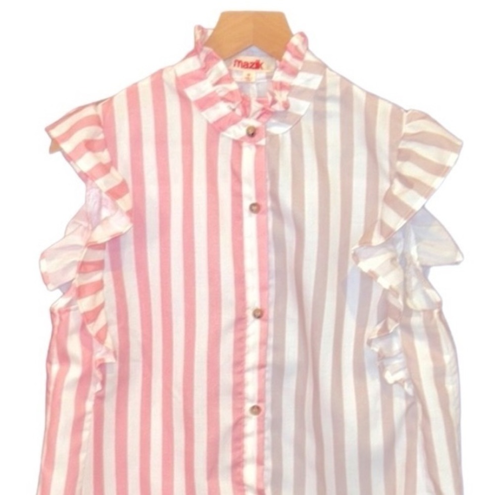Mazik Cotton Pastel Ruffle Sleeve Button Down Stripe Shirt Size Medium - Picture 7 of 13